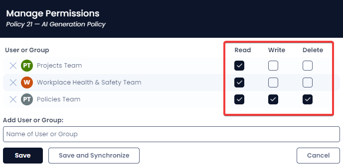 A screenshot that shows the location of the Read, Write, and Delete matrix on the Permissions Panel. The screenshot is annotated with a red box that highlights the matrix&#39;s location.